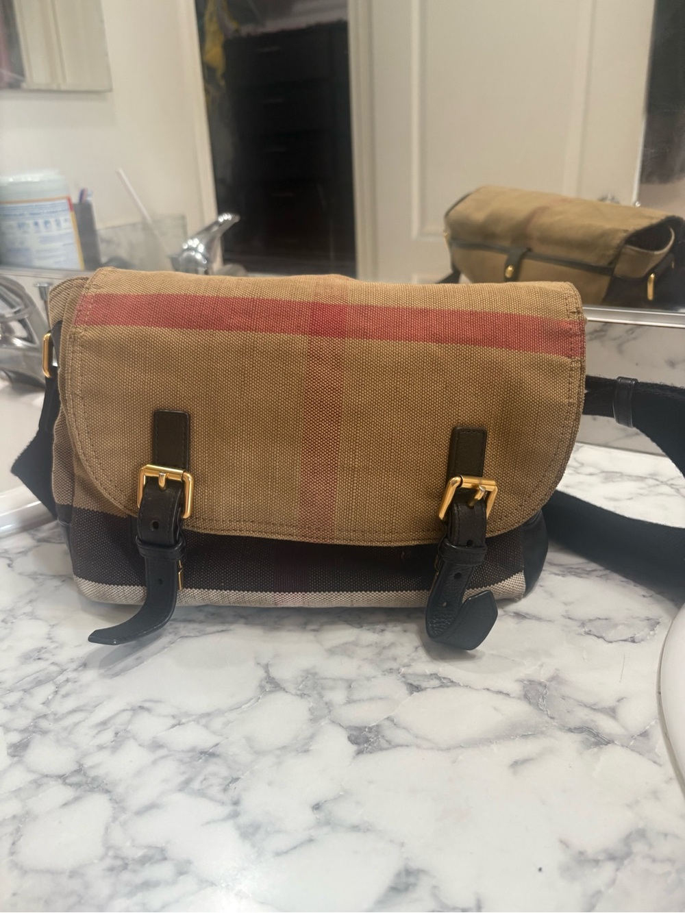 Burberry Khaki and Black Canvas Messenger Bag with Red Accent